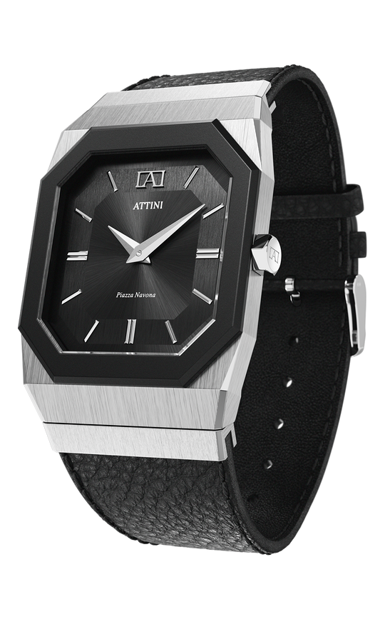 ATTINI - Piazza Navona, Roma / Leather Strap, Black Color, Swiss Parts