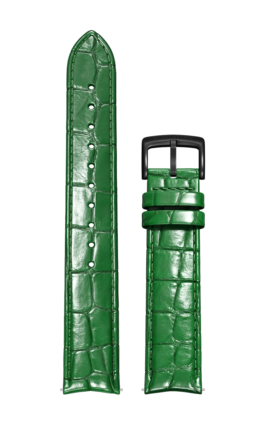 Green Italian Leather Strap (croc pattern) / Black Gold Color Buckle