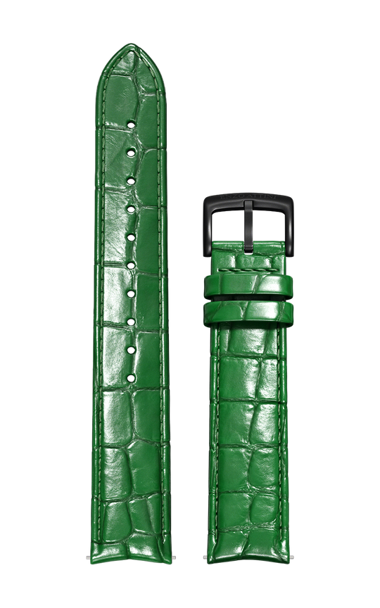 Green Italian Leather Strap (croc pattern) / Black Gold Color Buckle