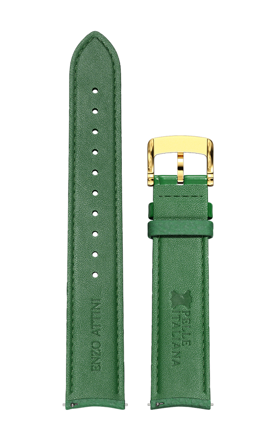 Green Italian Leather Strap / Gold Color Buckle