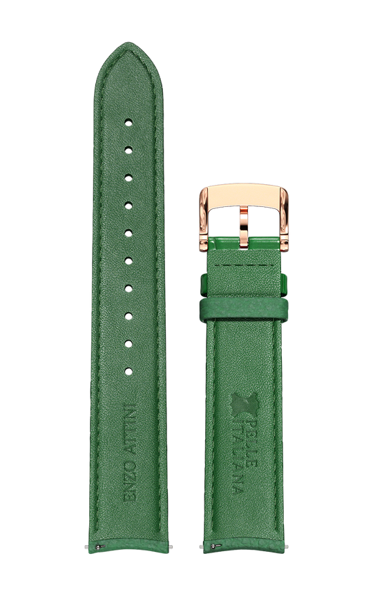Green Italian Leather Strap / Rose Gold Color Buckle