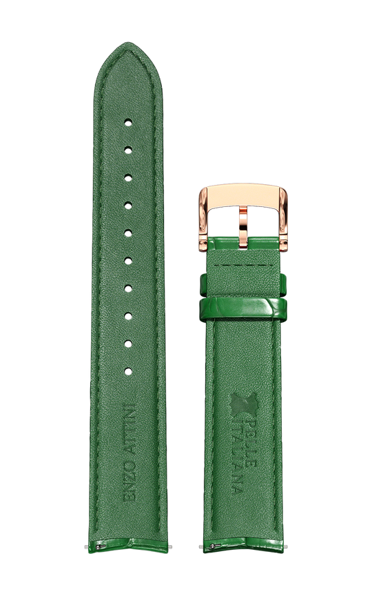 Green Italian Leather Strap (croc pattern) / Rose Gold Color Buckle