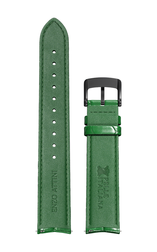 Green Italian Leather Strap (croc pattern) / Black Gold Color Buckle