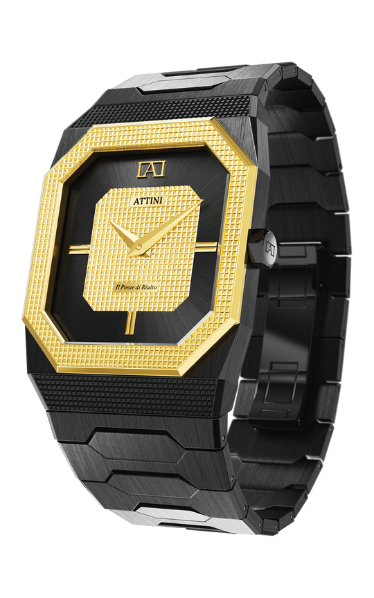 ATTINI - Il Ponte di Rialto, Venezia / Oyster Bracelet, Black Color, Swiss Movement